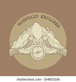 Mountain Explorer, Emblem, patch with hiking boots, ice picks and a compass, vector illustration