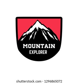Mountain explorer. Emblem template with mountain peak. Design element for logo, label, emblem, sign. Vector illustration