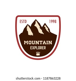 Mountain explorer. Emblem template with rock peak. Design element for logo, label, emblem, sign, poster. Vector illustration