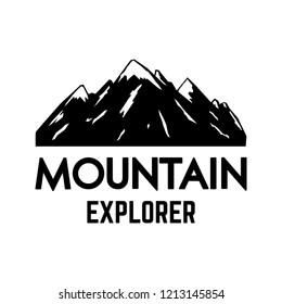 Mountain explorer. Emblem template with rock peak. Design element for logo, label, emblem, sign, poster. Vector illustration