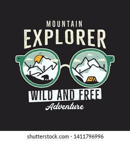 Mountain Explorer Graphic for T-Shirt, prints. Vintage hand drawn camp emblem. Retro summer winter travel scene, unusual badge. Wild and Free Adventure Label. Stock vector.