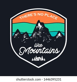 Mountain Explorer Graphic for T-Shirt, prints. Vintage hand drawn camp emblem. Retro summer winter travel scene, unusual badge. Outdoors Adventure Label. Stock vector.