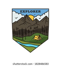 Mountain Explorer Logo, Camping Adventure Emblem Design With Mountains, Tent And Trees Scene. Unusual Line Art Retro Style Sticker. Stock Vector