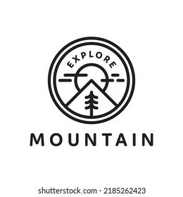 mountain explorer stamp logo monoline style design concept