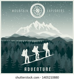 Mountain explorers poster in white blue color with climbing team and rocks forest in background vector illustration