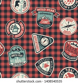 Mountain Exploring Adventure Badges Collection Vector Seamless Pattern With Patches And Tartan Background For Children Wear