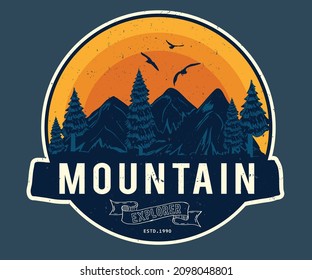 Mountain exploring retro graphic print design for t shirt , apparel, badge, sticker, poster and others.