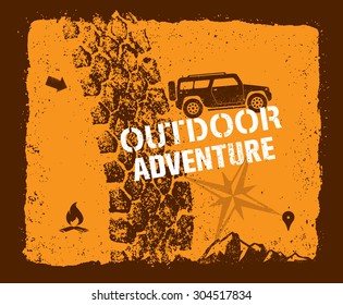 Mountain Extreme Outdoor Car Adventure Concept. Tire Track On Distressed Background