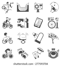 Mountain extreme track sport bikes and city roads cycling accessories black icons collection abstract vector isolated illustration