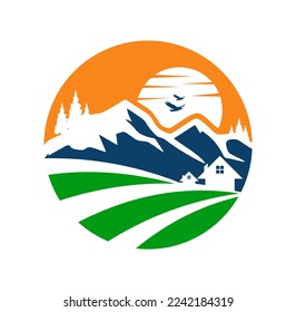 Vector del logotipo de la granja de montaña Icono Icono Ilustración de la seña de fondo blanco aislado