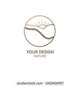 Mountain, fields with sun logo template. Vector linear wavy icon of landscape. Minimal emblem or badge for business emblems for a travel, tourism and ecology concepts, health, spa and yoga center.