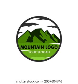 mountain and fir tree logo design in green color. logo design for brand.