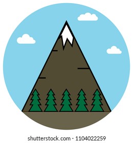 Mountain with fir trees at the foot, clouds in the sky, style flat. Vector illustration.