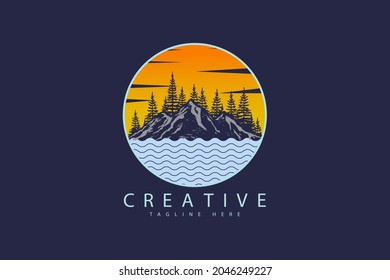 Mountain fir trees and river landscape logo design template