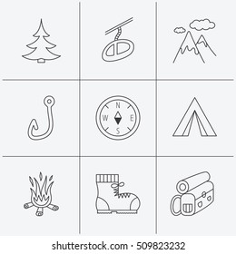 Mountain, fishing hook and hiking boots icons. Compass, backpack and bonfire linear signs. Camping tent, teleferic and christmas tree icons. Linear icons on white background. Vector