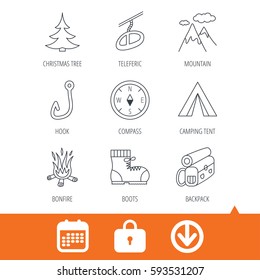 Mountain, fishing hook and hiking boots icons. Compass, backpack and bonfire linear signs. Camping tent, teleferic and christmas tree icons. Download arrow, locker and calendar web icons. Vector