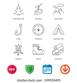 Mountain, fishing hook and hiking boots icons. Compass, backpack and bonfire linear signs. Camping tent, teleferic and christmas tree icons. New tag, shield and calendar web icons. Download arrow