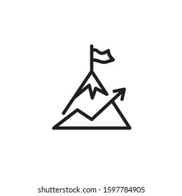Mountain with flag and arrow diagram thin line icon. Achievement, growth, chart isolated outline sign. Startup and business concept. Vector illustration symbol element for web design and apps
