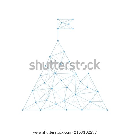 Mountain with flag connection blue dots. Business achievement concept. Abstract mountains with low polygonal elements. Successful goal symbol. Vector illustration isolated on white.