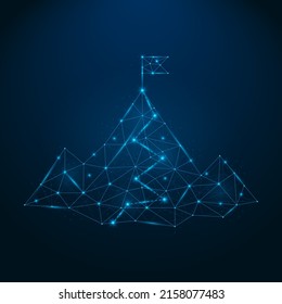 Montaña con bandera que une puntos azules de iluminación futurista. Concepto de realización de actividades empresariales. Montañas abstractas con elementos polígonos bajos brillantes. Símbolo de objetivo exitoso. Ilustración vectorial.