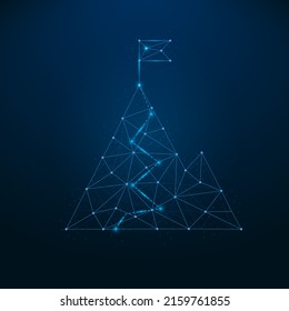 Mountain with flag connection futuristic lighting blue dots. Business achievement concept. Abstract mountains with glowing low polygonal elements. Successful goal symbol. Vector illustration.