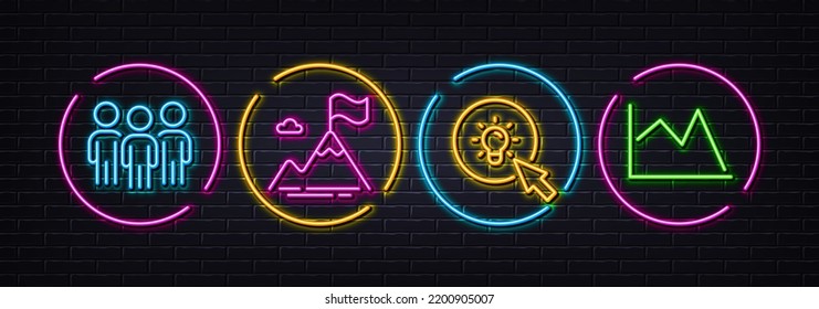 Mountain flag, Group and Energy minimal line icons. Neon laser 3d lights. Line chart icons. For web, application, printing. Success challenge, Business meeting, Turn on the light. Vector