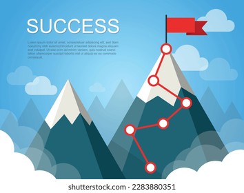 Mountain with flag icon in flat style. Success vector illustration on isolated background. Hiking trip sign business concept.