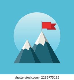 Mountain with flag icon in flat style. Success vector illustration on isolated background. Hiking trip sign business concept.