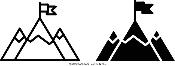 Mountain Flag Icon Set – Black and White Vector Peak Symbol of Success, Goal, and Victory