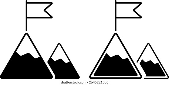conjunto de ícones de bandeira de montanha. simbolizando conquista. conservação ambiental. fechado dentro de uma forma triangular