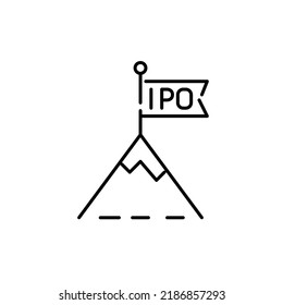 Mountain with flag IPO on top. Pixel perfect, editable stroke line icon