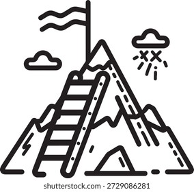 Montaña con bandera, escalera y nubes, que representa desafíos, objetivos, perseverancia y camino al éxito. Simboliza el viaje de logros.