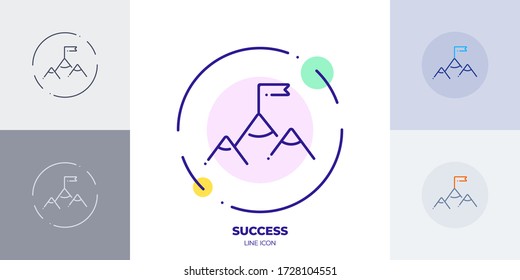 Mountain with flag line art vector icon. Outline symbol of business sucess. Achievement pictogram made of thin stroke. Isolated on background.