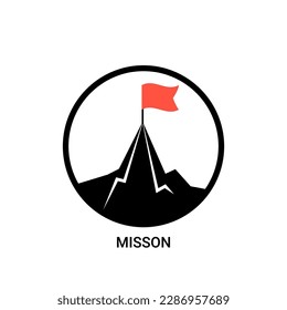 Icono plano de la misión de bandera de montaña. Objetivo de diseño de vector de inicio exitoso. Ilustración de objetivos de la carrera de motivación de la misión de montaña