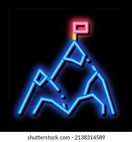 Mountain With Flag On Peak Alpinism neon light sign vector. Glowing bright icon transparent symbol illustration