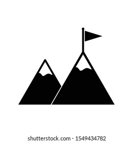 Mountain with flag on a peak. black vector icon.  Success concept symbol
