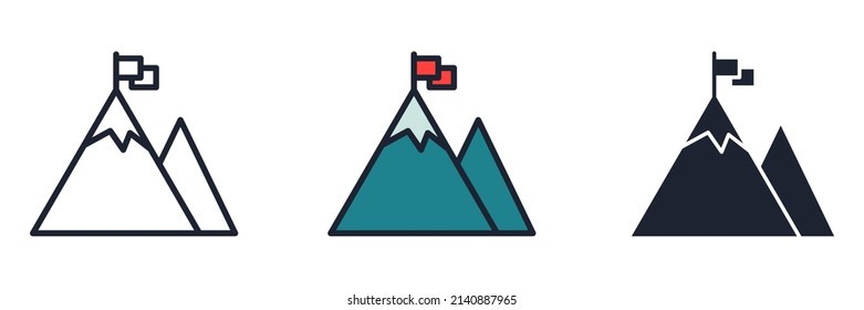 Mountain with flag on a peak icon symbol template for graphic and web design collection logo vector illustration