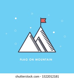 
Mountain with flag on a peak. Leadership illustration. Success icon. Line design