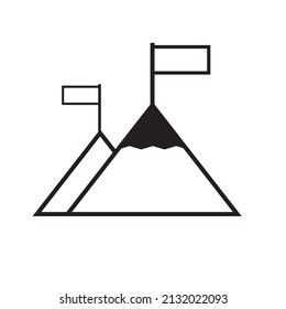 Mountain with flag on a peak. Leadership illustration. Success icon. Line design
