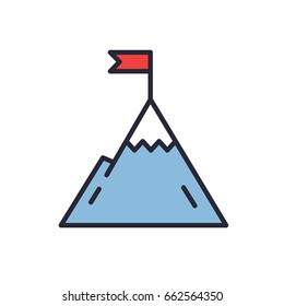 Mountain with flag on a peak. Leadership illustration. Success icon. Line design