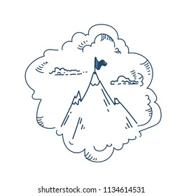 mountain with flag on peak top point successful mission concept on white background sketch doodle vector illustration