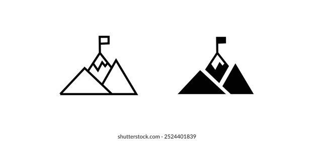 Mountain with flag on a peak Top of mountain with flag icon vector, filled Success, aim achievement, leadership, Mission, Mount, Climbing, conquered, way up, high in, Hiking, Target, Get on top design