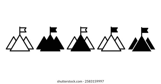 mountain with flag on the top, achievment, goal, ambition, success icon vector design black white color simple flat illustration sets