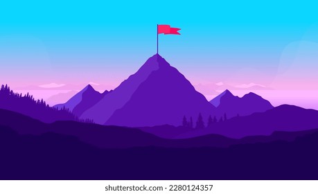 Mountain with flag on top - Beautiful vector landscape with with business goal on mountaintop. Flat design