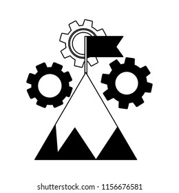 mountain with flag on top and gear machine