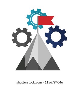mountain with flag on top and gear machine