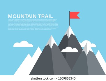 Mountain with flag on top, high climbing peak vector concept of succes, reaching progress flat background