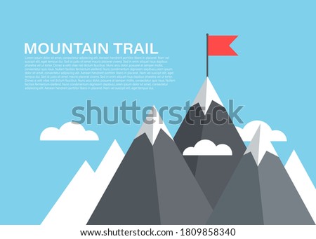 Mountain with flag on top, high climbing peak vector concept of succes, reaching progress flat background