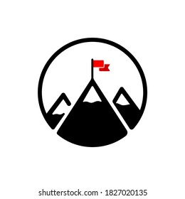 Mountain with a flag on the top icon in black. Mission concept. Goal. Success. Vector EPS 10. Isolated on white background