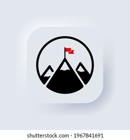 Mountain with a flag on the top icon in black. Mission concept. Goal. Success. Neumorphic UI UX white user interface web button. Neumorphism. Vector EPS 10.